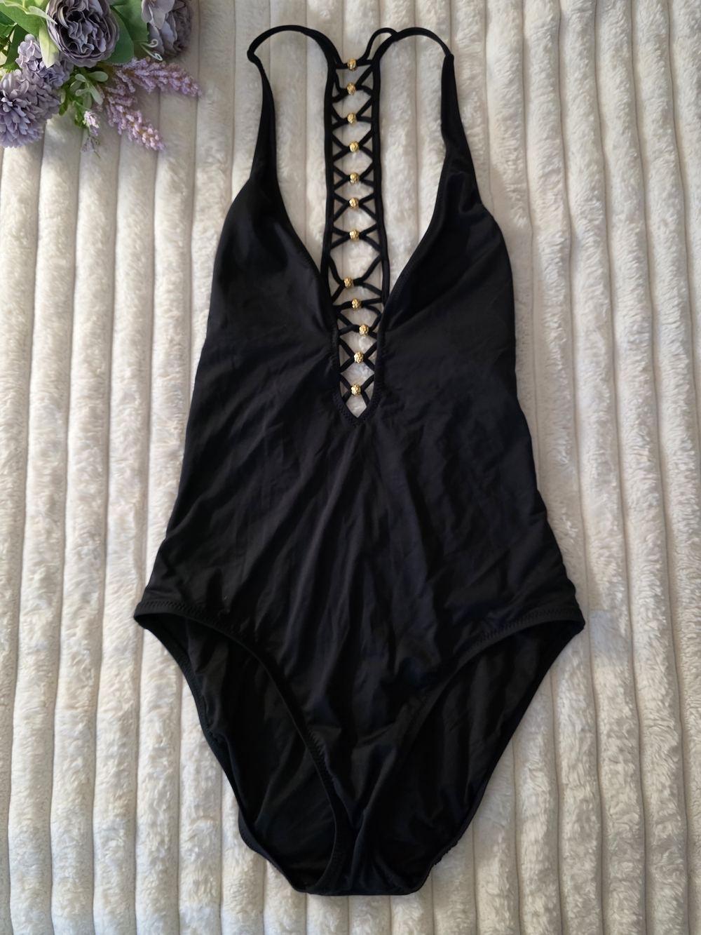 Trina Turk Black One Piece Plunge Swimsuit Gold Beads Racerback Size 10 / EU 42